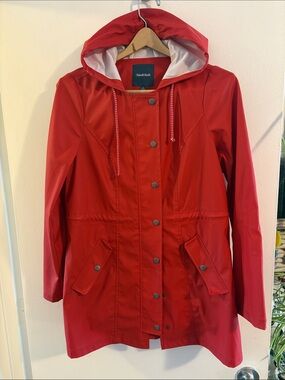 ModCloth Red Hooded Trench Rain Coat with Snap Front - Size small